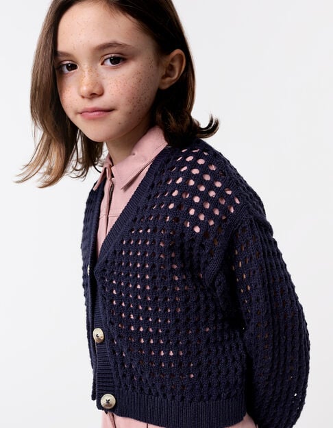 Navy cardigan organic cotton openwork knit for girl - IKKS