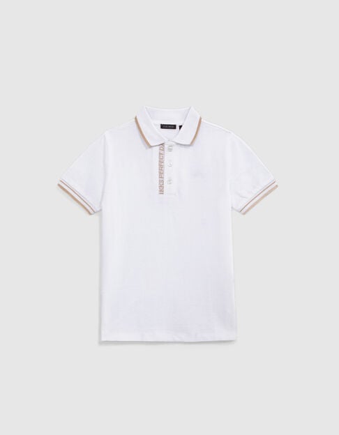 Boys’ white cotton polo shirt with striped ribbing - IKKS
