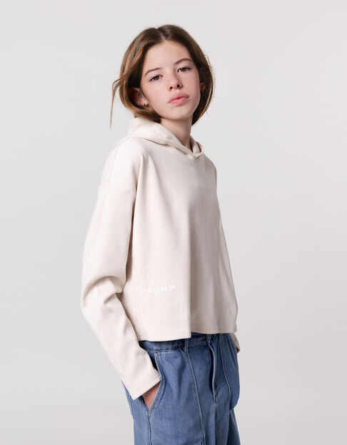 Girl's beige rib-knit hooded t-shirt - IKKS